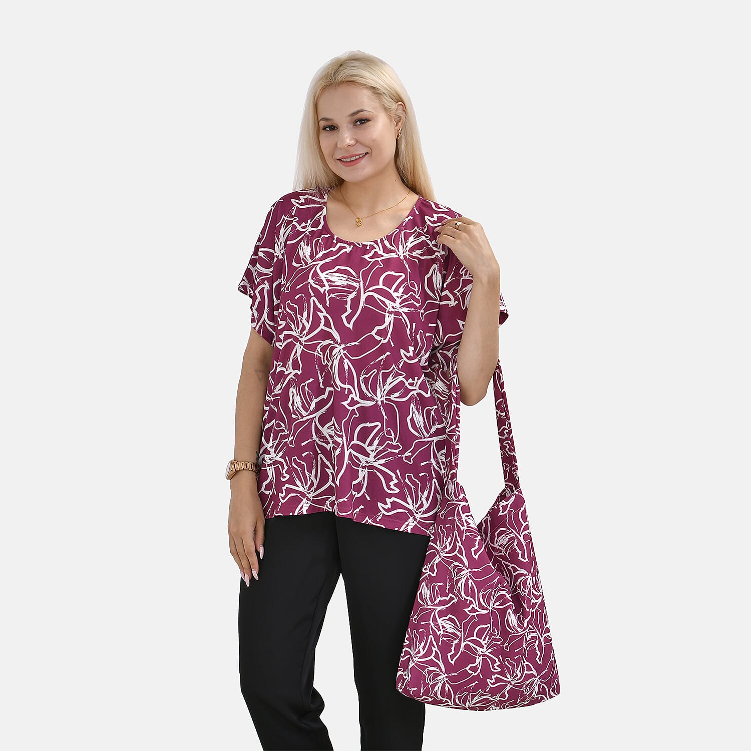 Fuchsia Floral Knit Shirt with Canvas Bag - One Size Fits Most
