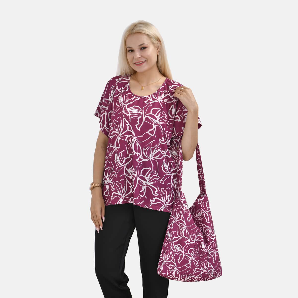 Fuchsia Floral Knit Shirt with Canvas Bag - One Size Fits Most image number 3