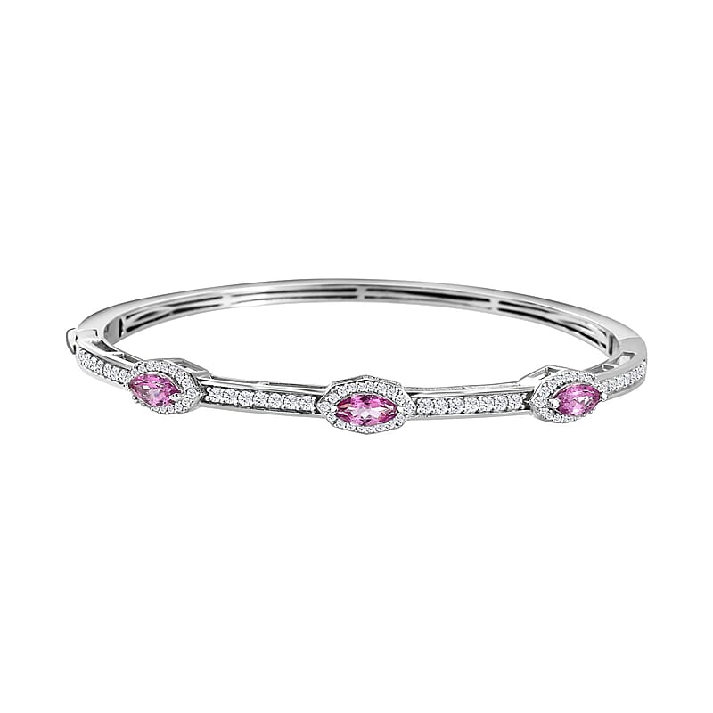 Pure Pink Mystic Topaz and Moissanite Evil Eye Protector Bangle Bracelet in Platinum Over Sterling Silver (7.25 In) 3.30 ctw