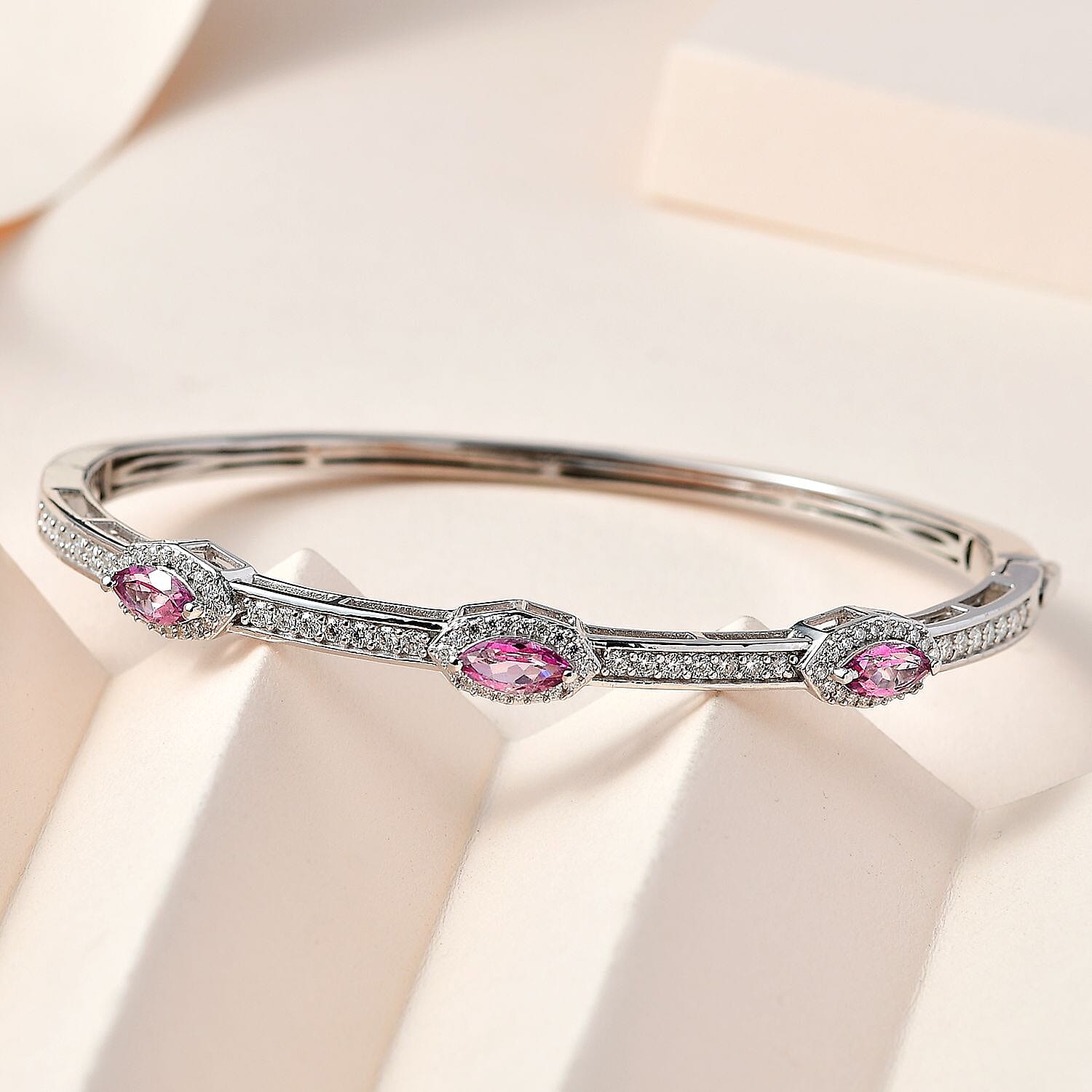 Pure Pink Mystic Topaz and Moissanite Evil Eye Protector Bangle Bracelet in Platinum Over Sterling Silver (7.25 In) 3.30 ctw