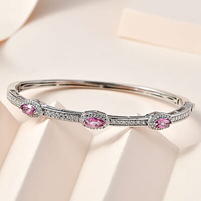 Pure Pink Mystic Topaz and Moissanite Evil Eye Protector Bangle Bracelet in Platinum Over Sterling Silver (7.25 In) 3.30 ctw