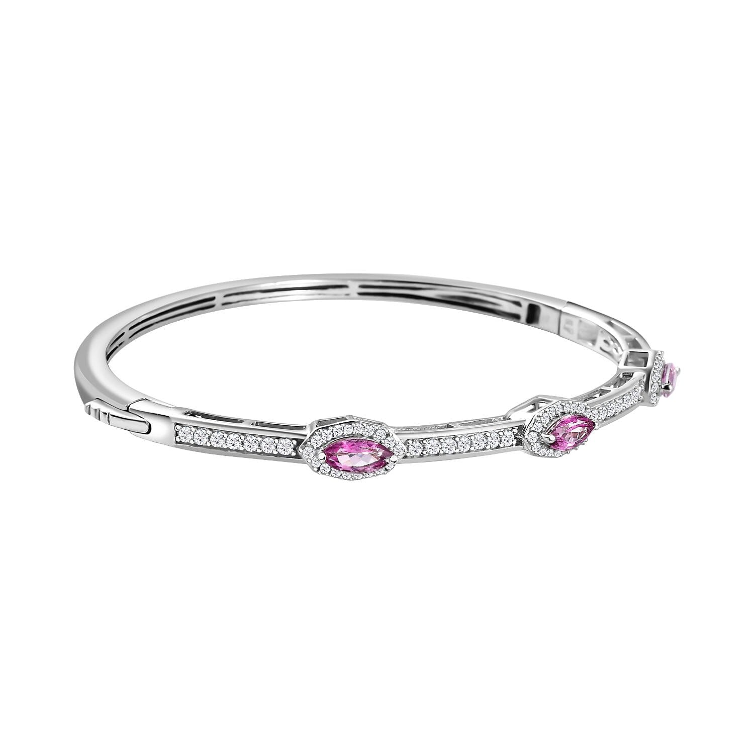 Pure Pink Mystic Topaz and Moissanite Evil Eye Protector Bangle Bracelet in Platinum Over Sterling Silver (7.25 In) 3.30 ctw