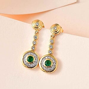 Emerald and White Zircon 0.67 ctw Earrings in 18K Vermeil Yellow Gold Over Sterling Silver