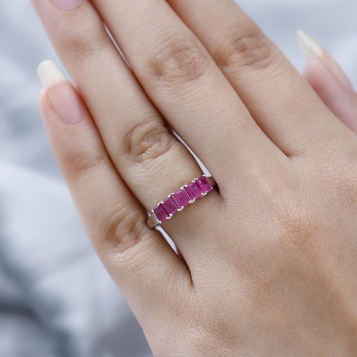 Premium Montepuez Ruby 5 Stone Ring in Platinum Over Sterling Silver (Size 10) 1.25 ctw image number 2