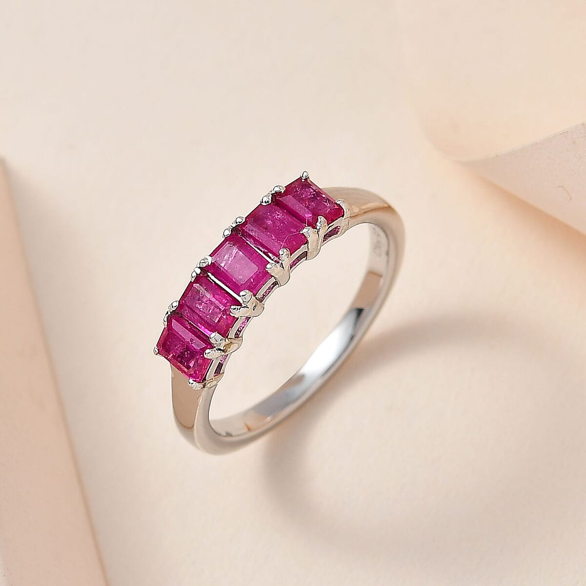 Premium Montepuez Ruby 5 Stone Ring in Platinum Over Sterling Silver (Size 6.0) 1.25 ctw image number 1