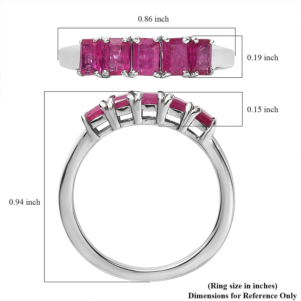 Premium Montepuez Ruby 5 Stone Ring in Platinum Over Sterling Silver (Size 6.0) 1.25 ctw image number 5