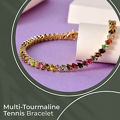 Multi-Tourmaline 10.40 ctw Tennis Bracelet, Vermeil Yellow Gold Over Sterling Silver Bracelet, Multi Tourmaline Jewelry, Colorful Bracelet, Gifts for Her (6.50 In)