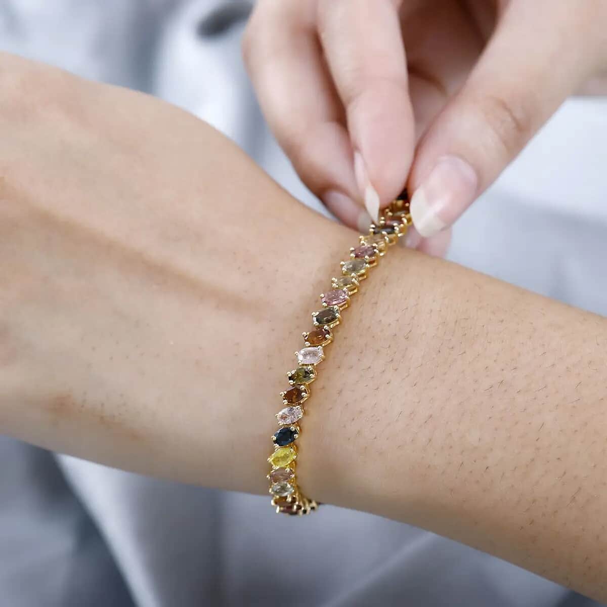 Multi-Tourmaline Tennis Bracelet, Vermeil Yellow Gold Over Sterling Silver Bracelet, Multi Tourmaline Jewelry, Colorful Bracelet, Gifts for Her (6.50 In) 10.40 ctw image number 5