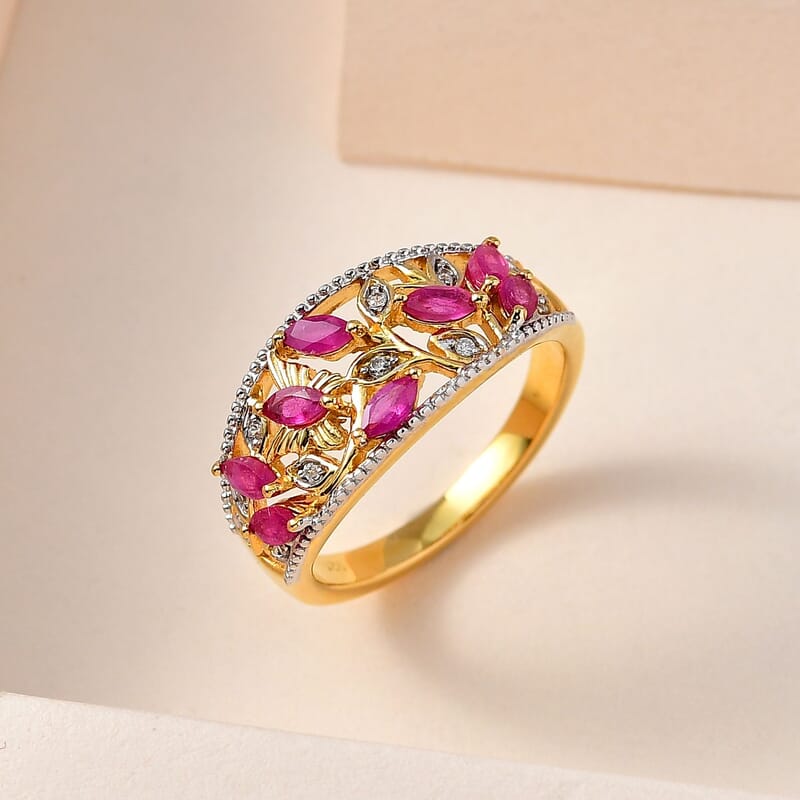 African Ruby and White Zircon 1.06 ctw Ring in 18K Vermeil Yellow Gold Over Sterling Silver (Size 6.5)