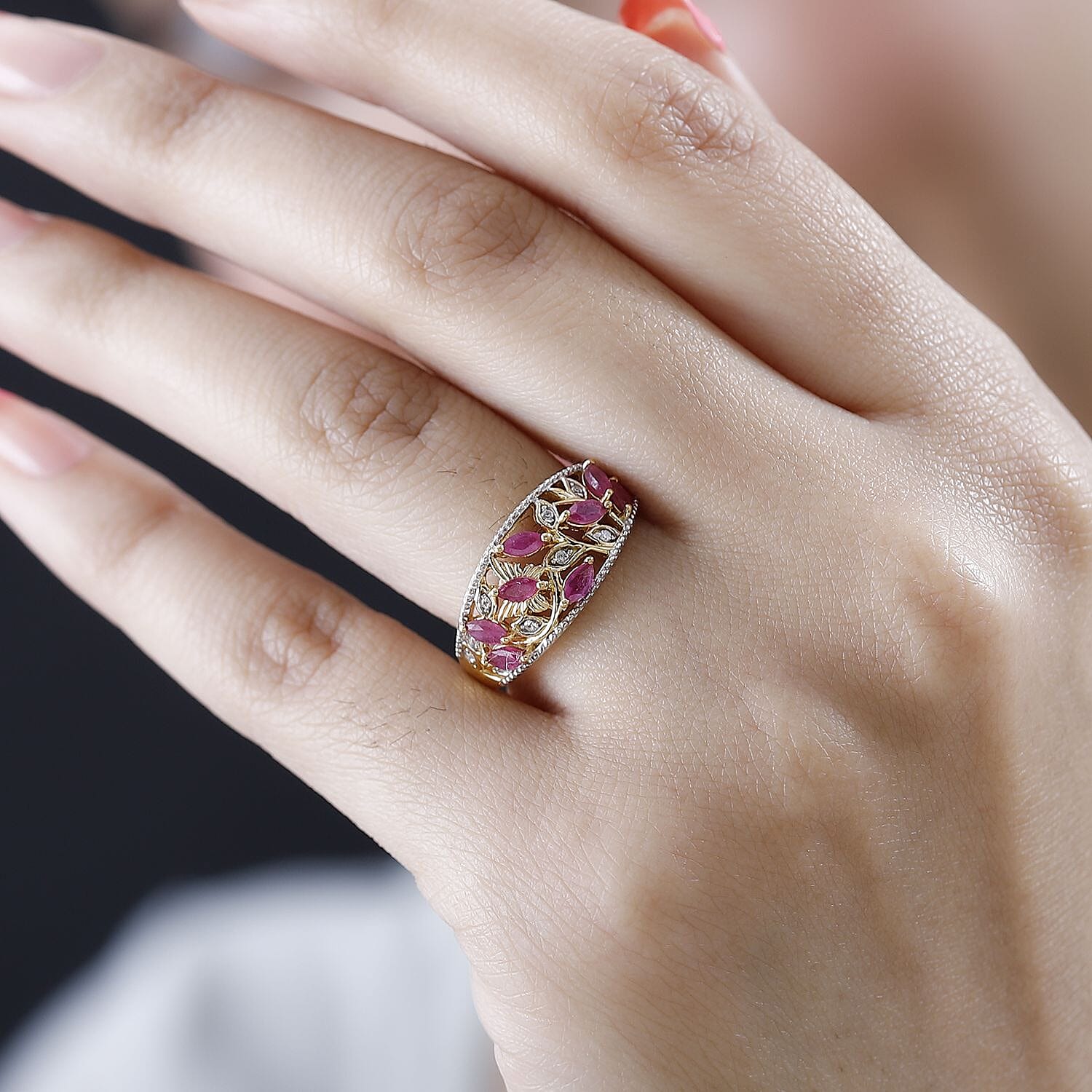 African Ruby and White Zircon 1.06 ctw Ring in 18K Vermeil Yellow Gold Over Sterling Silver (Size 6.5)