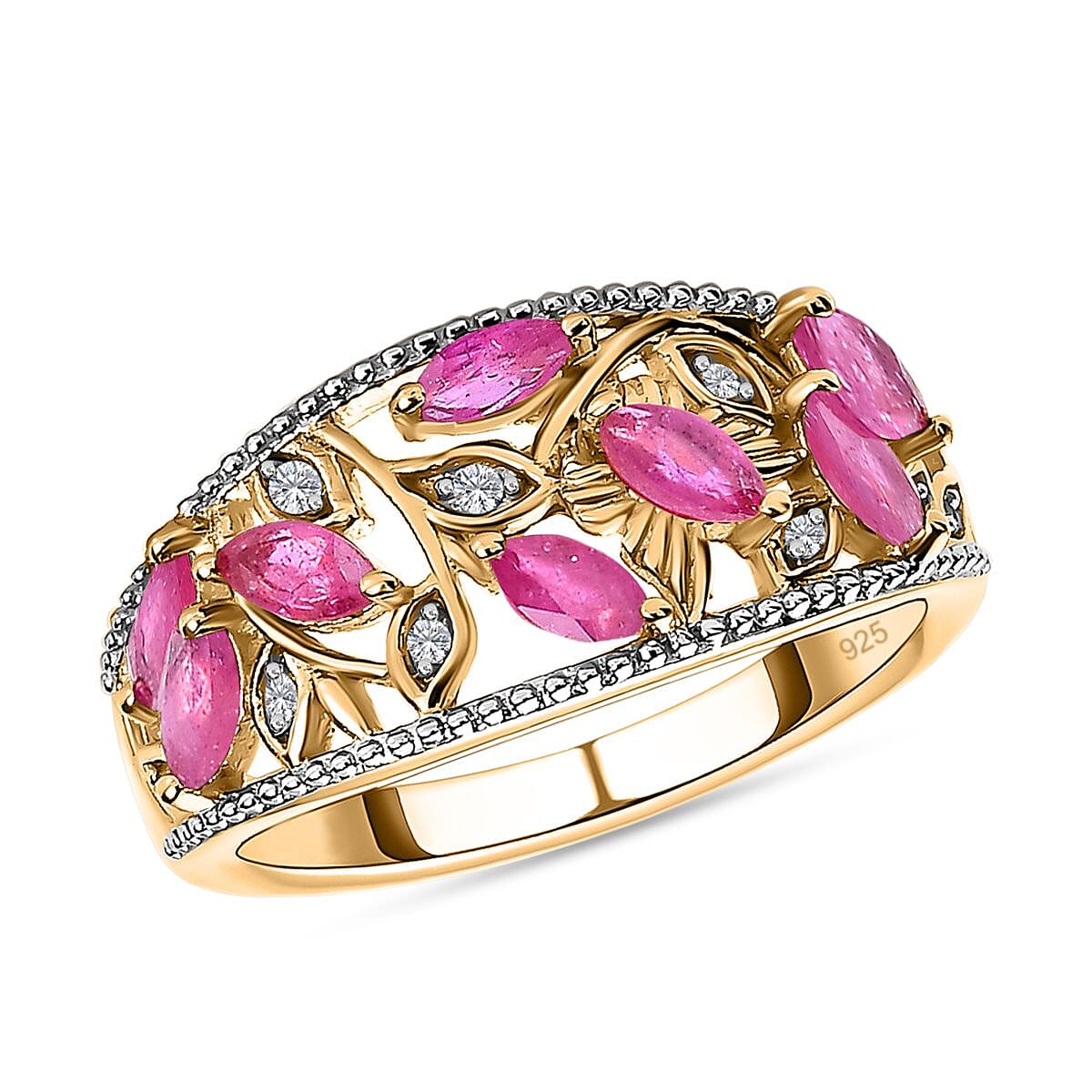 African Ruby and White Zircon 1.06 ctw Ring in 18K Vermeil Yellow Gold Over Sterling Silver (Size 6.5)