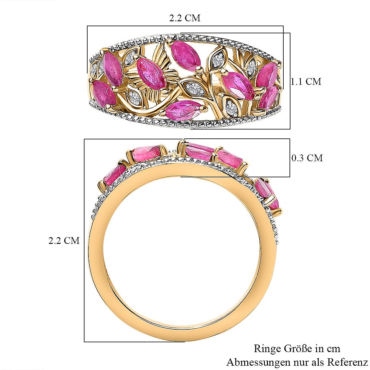 African Ruby and White Zircon 1.06 ctw Ring in 18K Vermeil Yellow Gold Over Sterling Silver (Size 6.5)