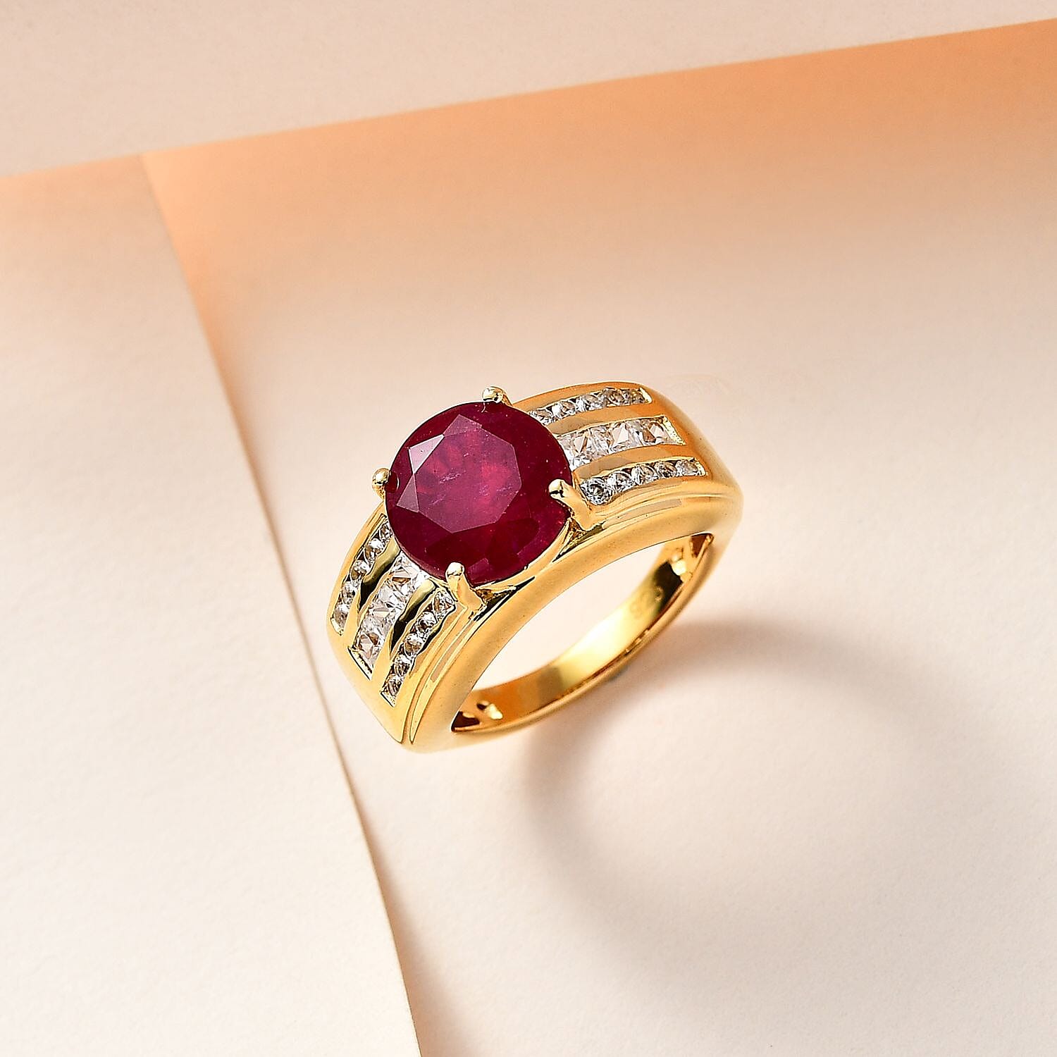 African Ruby and White Zircon6.52 ctw Ring in Vermeil Yellow Gold Over Sterling Silver (Size 6.5)