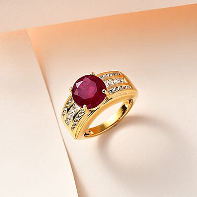 African Ruby and White Zircon6.52 ctw Ring in Vermeil Yellow Gold Over Sterling Silver (Size 6.5)
