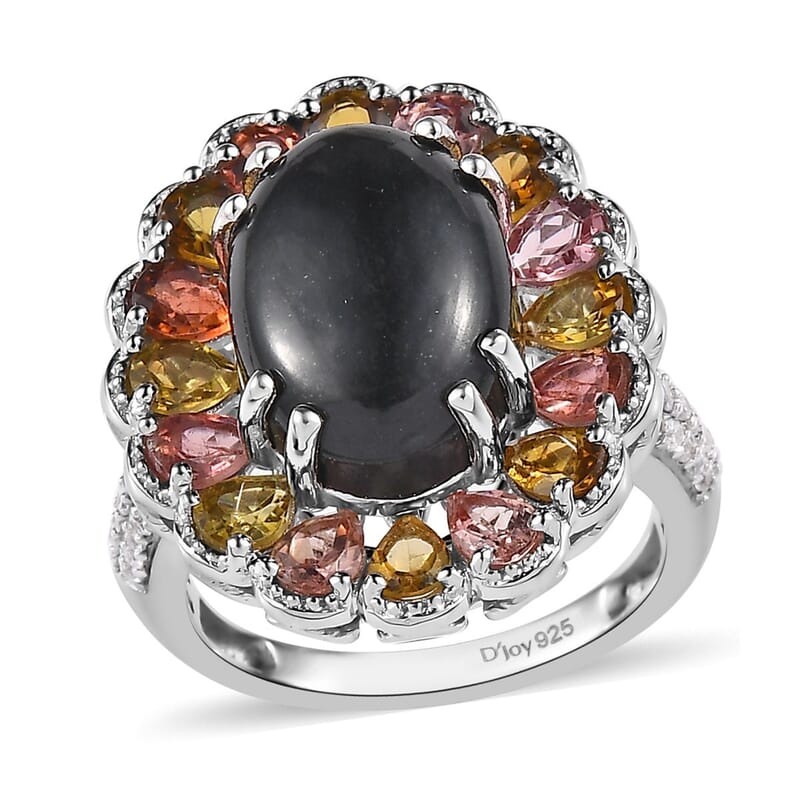 Australian Black Tourmaline and Multi Gemstone Halo Ring in Platinum Over Sterling Silver (Size 10.0) 9.10 ctw