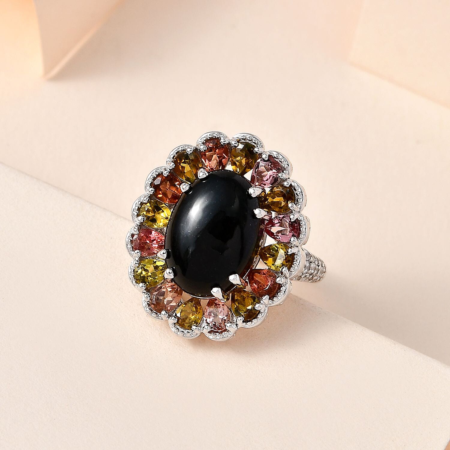 Australian Black Tourmaline and Multi Gemstone Halo Ring in Platinum Over Sterling Silver (Size 10.0) 9.10 ctw
