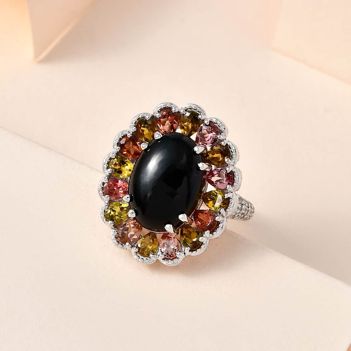 Australian Black Tourmaline and Multi Gemstone Ring in Platinum Over Sterling Silver (Size 10.0) 9.10 ctw image number 1