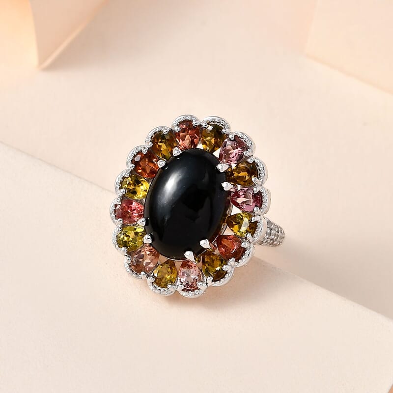 Australian Black Tourmaline and Multi Gemstone Halo Ring in Platinum Over Sterling Silver (Size 10.0) 9.10 ctw