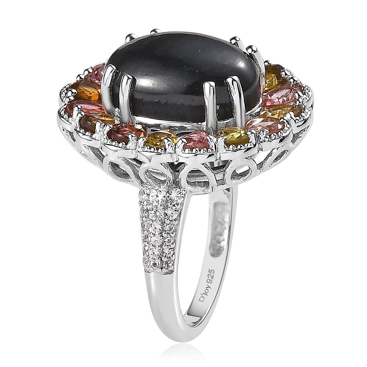 Australian Black Tourmaline and Multi Gemstone Halo Ring in Platinum Over Sterling Silver (Size 10.0) 9.10 ctw