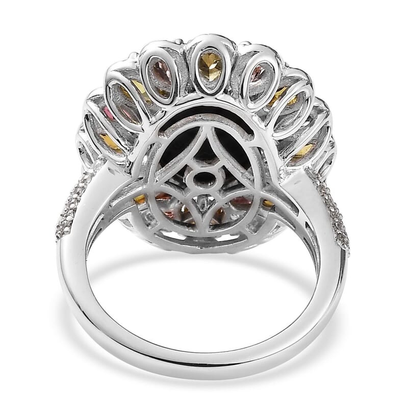Australian Black Tourmaline and Multi Gemstone Halo Ring in Platinum Over Sterling Silver (Size 10.0) 9.10 ctw