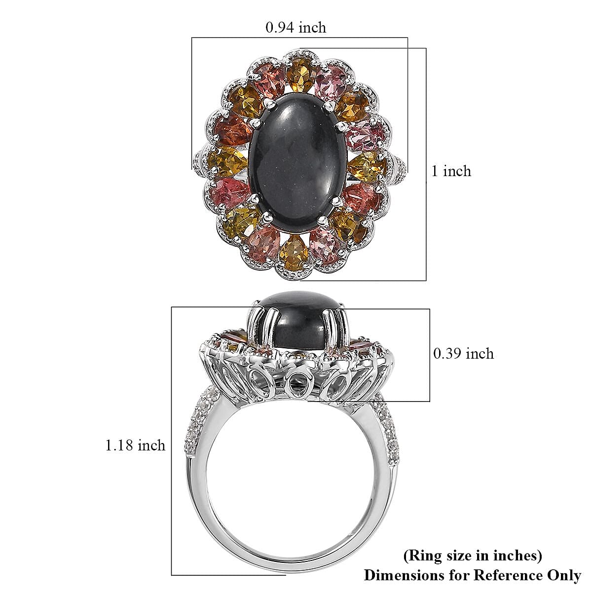 Australian Black Tourmaline and Multi Gemstone Halo Ring in Platinum Over Sterling Silver (Size 10.0) 9.10 ctw