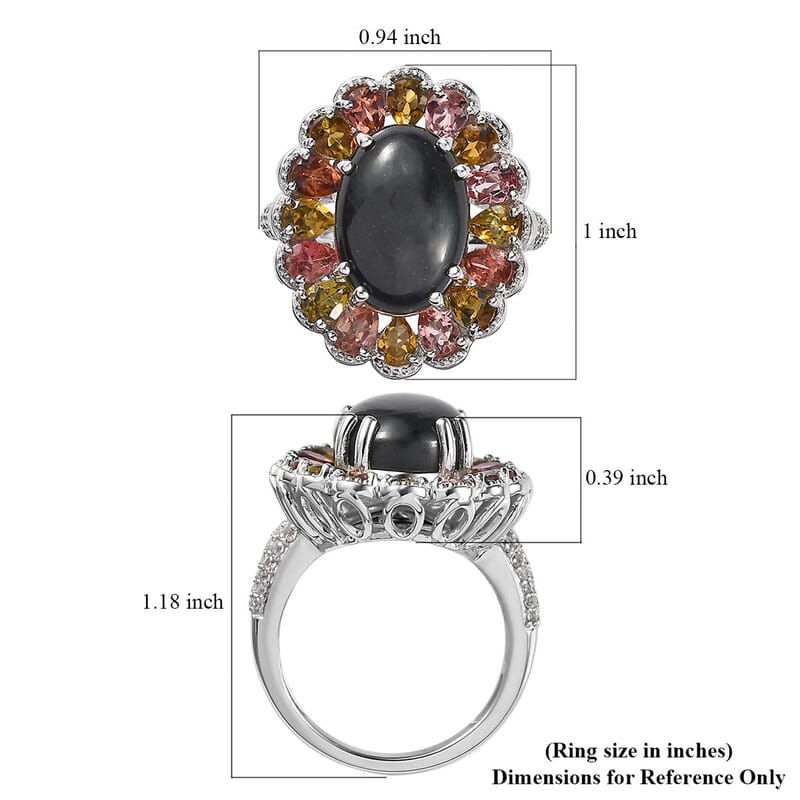 Australian Black Tourmaline and Multi Gemstone Halo Ring in Platinum Over Sterling Silver (Size 10.0) 9.10 ctw