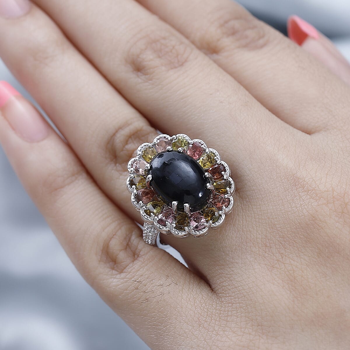 Australian Black Tourmaline and Multi Gemstone Halo Ring in Platinum Over Sterling Silver (Size 7.0) 9.10 ctw image number 2