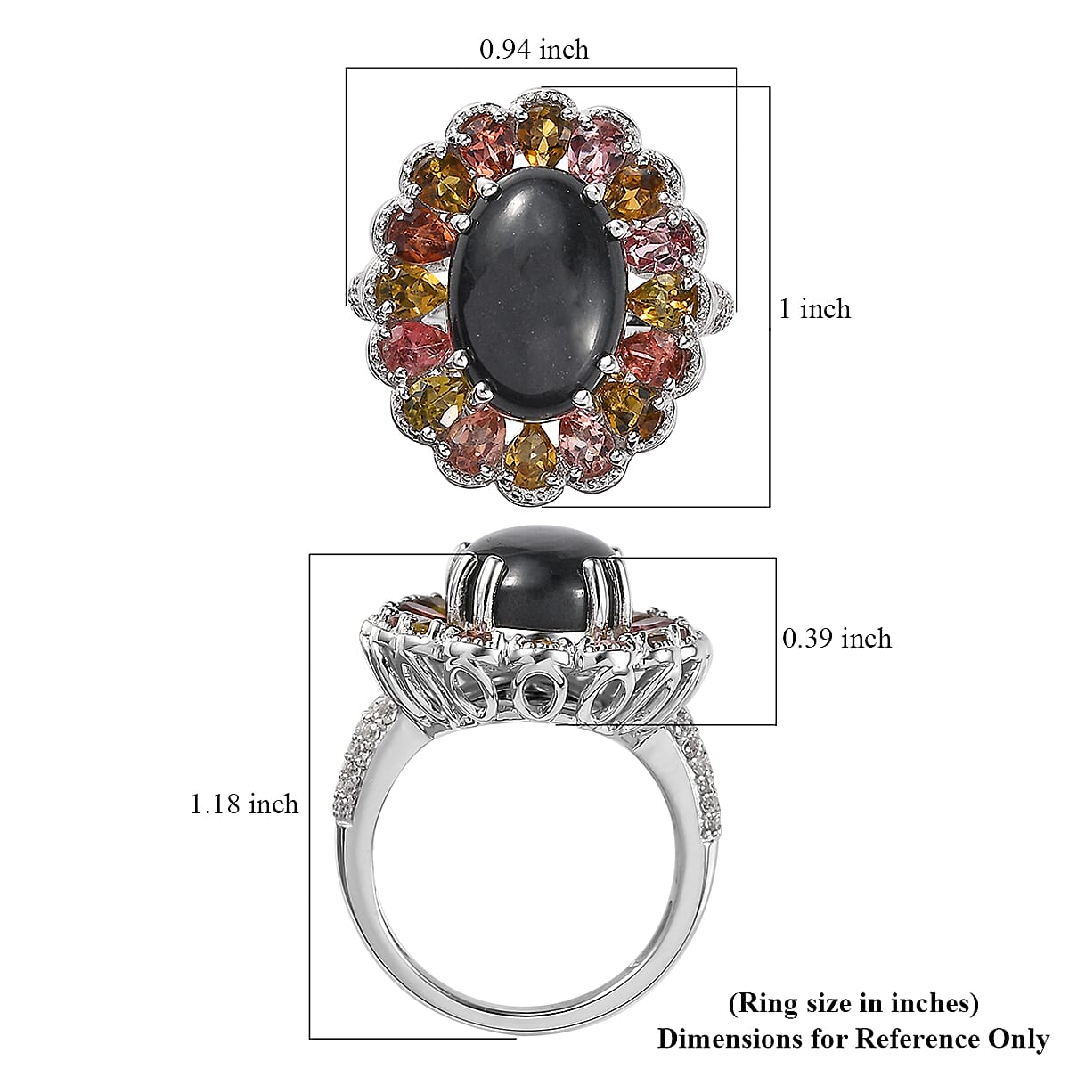 Australian Black Tourmaline and Multi Gemstone Halo Ring in Platinum Over Sterling Silver (Size 7.0) 9.10 ctw image number 5