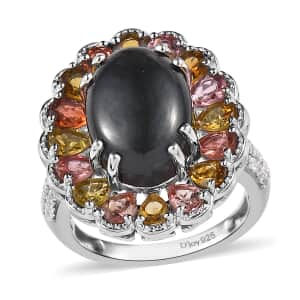 Australian Black Tourmaline and Multi Gemstone Halo Ring in Platinum Over Sterling Silver (Size 8.0) 9.10 ctw