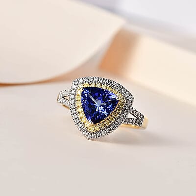 Luxoro 10K Yellow Gold Premium Tanzanite, Natural Yellow and White Diamond I3 Double Halo Ring (Size 9.0) 2.90 ctw