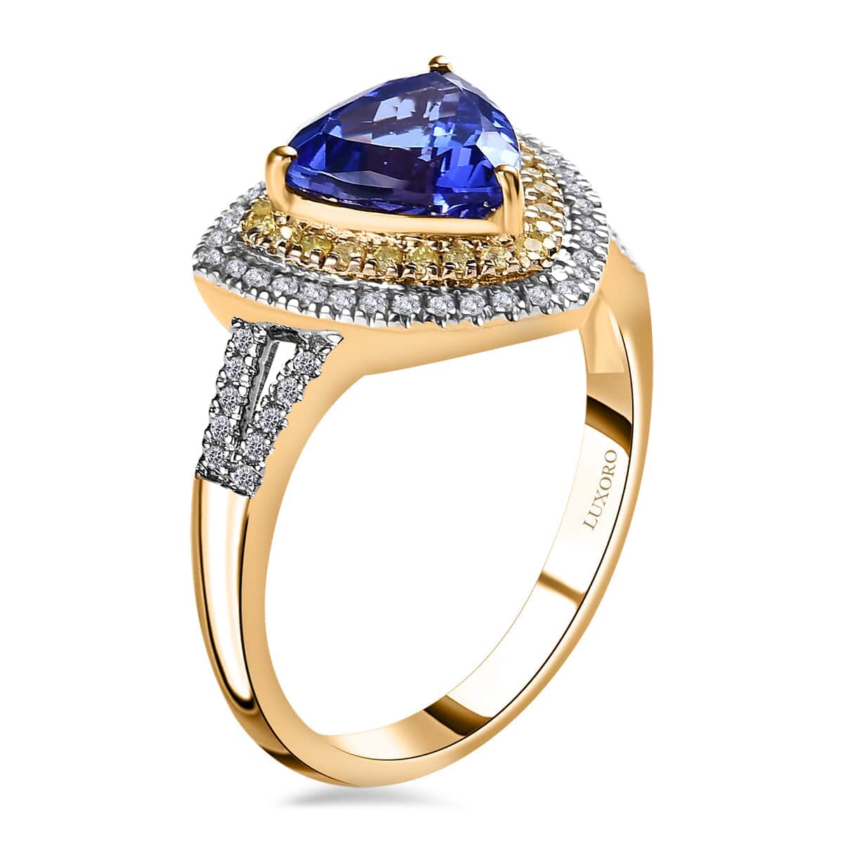 Luxoro 10K Yellow Gold Premium Tanzanite, Natural Yellow and White Diamond I3 Double Halo Ring 2.90 ctw image number 3