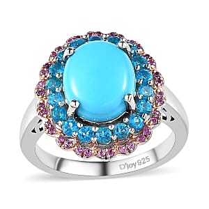 Premium Sleeping Beauty Turquoise and Multi Gemstone Floral Ring in Platinum Over Sterling Silver (Size 10.0) 4.00 ctw