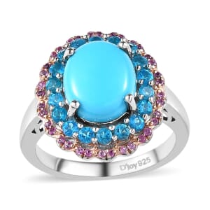 Premium Sleeping Beauty Turquoise and Multi Gemstone 4.00 ctw Floral Ring in Platinum Over Sterling Silver (Size 6.0)