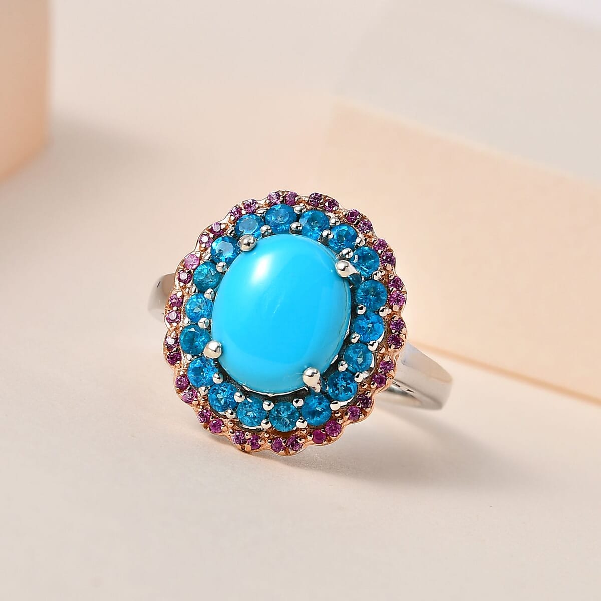 Premium Sleeping Beauty Turquoise and Multi Gemstone 4.00 ctw Floral Ring in Platinum Over Sterling Silver (Size 6.0) image number 1