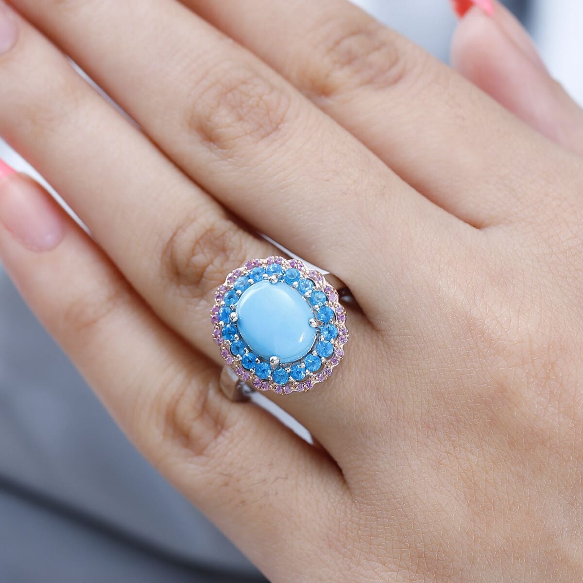Premium Sleeping Beauty Turquoise and Multi Gemstone 4.00 ctw Floral Ring in Platinum Over Sterling Silver (Size 6.0) image number 2