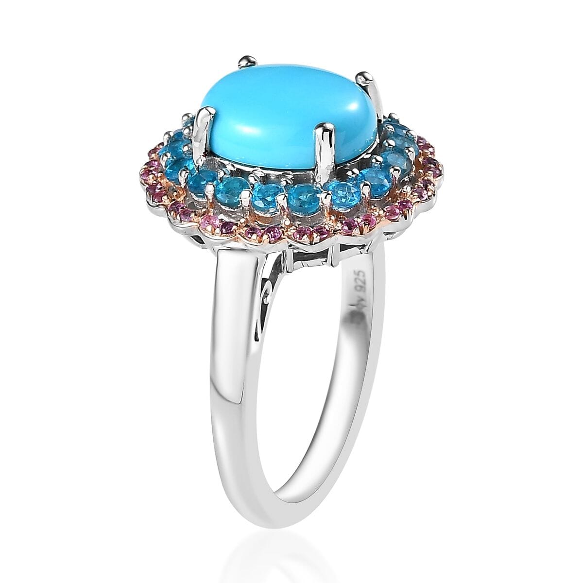 Premium Sleeping Beauty Turquoise and Multi Gemstone 4.00 ctw Floral Ring in Platinum Over Sterling Silver (Size 6.0) image number 3