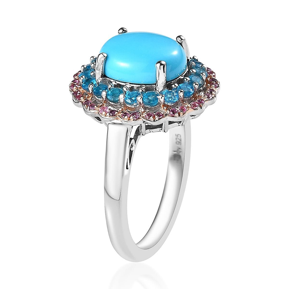 Premium Sleeping Beauty Turquoise and Multi Gemstone Floral Ring in Platinum Over Sterling Silver (Size 9.0) 4.00 ctw image number 3