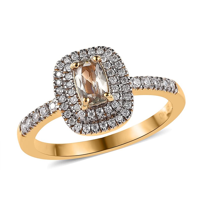 Premium Turkizite and Moissanite Double Halo Ring in Vermeil Yellow Gold Over Sterling Silver, Rare Gemstone Turkizite Jewelry, Birthday Anniversary Wedding Gift 1.00 ctw