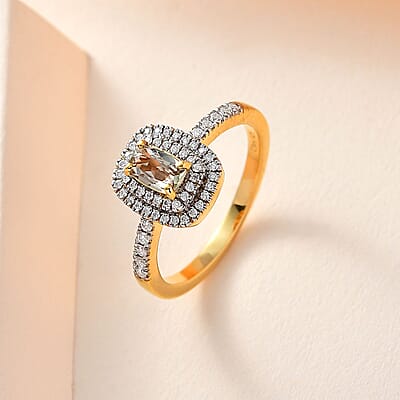 Premium Turkizite and Moissanite Double Halo Ring in Vermeil Yellow Gold Over Sterling Silver, Rare Gemstone Turkizite Jewelry, Birthday Anniversary Wedding Gift 1.00 ctw