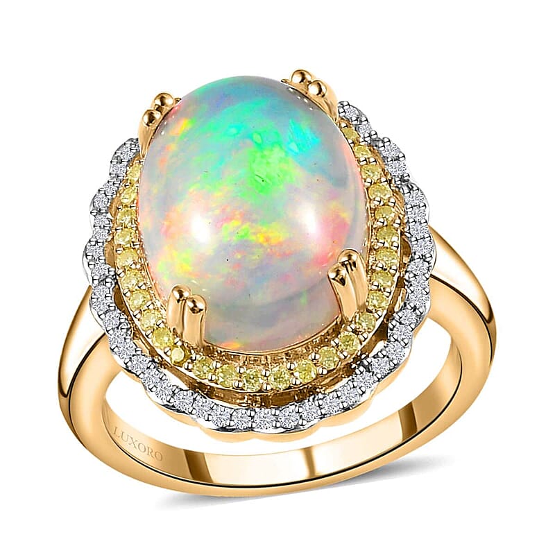 Luxoro AAA Ethiopian Welo Opal, I3 Natural Yellow and White Diamond 7.85 ctw Ring in 14K Yellow Gold (Size 9.0) 7 Grams