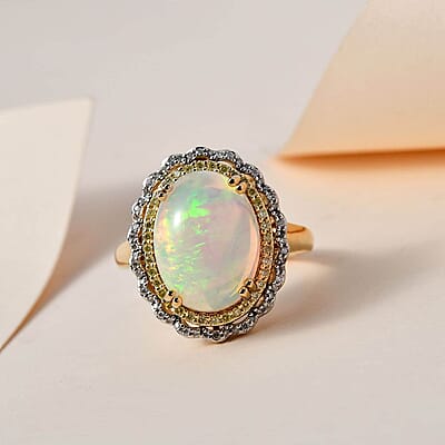 Luxoro AAA Ethiopian Welo Opal, I3 Natural Yellow and White Diamond 7.85 ctw Ring in 14K Yellow Gold (Size 9.0) 7 Grams