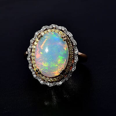 Luxoro AAA Ethiopian Welo Opal, I3 Natural Yellow and White Diamond 7.85 ctw Ring in 14K Yellow Gold (Size 9.0) 7 Grams