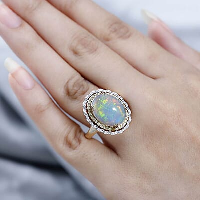 Luxoro AAA Ethiopian Welo Opal, I3 Natural Yellow and White Diamond 7.85 ctw Ring in 14K Yellow Gold (Size 9.0) 7 Grams