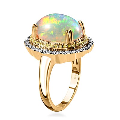 Luxoro AAA Ethiopian Welo Opal, I3 Natural Yellow and White Diamond 7.85 ctw Ring in 14K Yellow Gold (Size 9.0) 7 Grams