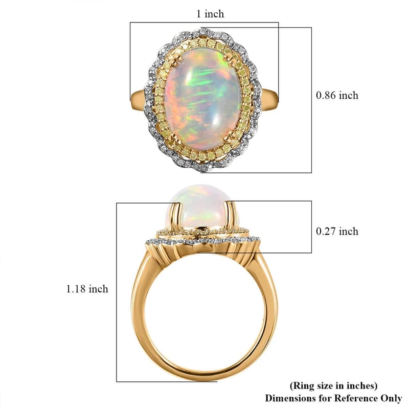 Luxoro AAA Ethiopian Welo Opal, I3 Natural Yellow and White Diamond 7.85 ctw Ring in 14K Yellow Gold (Size 9.0) 7 Grams