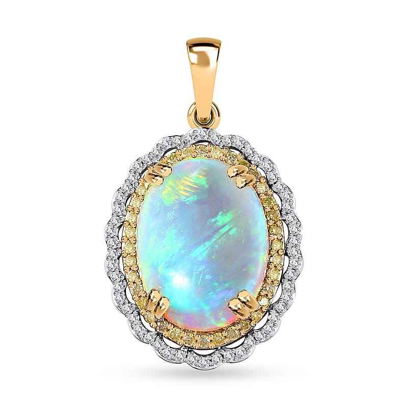 Luxoro 14K Yellow Gold AAA Ethiopian Welo Opal, I3 Natural Yellow and White Diamond Pendant 3.75 Grams 7.80 ctw