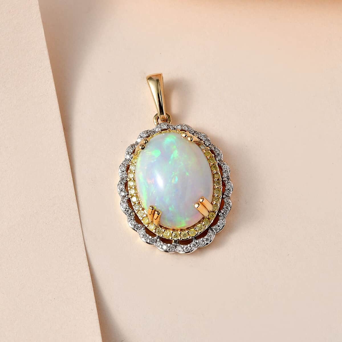 Luxoro 14K Yellow Gold AAA Ethiopian Welo Opal, I3 Natural Yellow and White Diamond Pendant 3.75 Grams 7.80 ctw image number 1