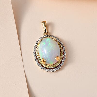 Luxoro 14K Yellow Gold AAA Ethiopian Welo Opal, I3 Natural Yellow and White Diamond Pendant 3.75 Grams 7.80 ctw