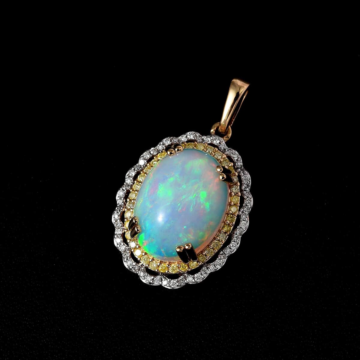 Luxoro 14K Yellow Gold AAA Ethiopian Welo Opal, I3 Natural Yellow and White Diamond Pendant 3.75 Grams 7.80 ctw image number 2