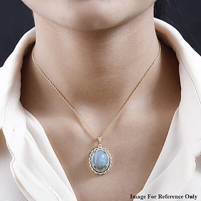 Luxoro 14K Yellow Gold AAA Ethiopian Welo Opal, I3 Natural Yellow and White Diamond Pendant 3.75 Grams 7.80 ctw